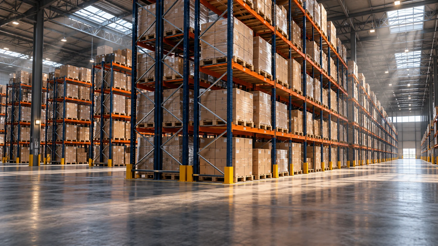 Original concept visualization of navy and orange pallet racks in a modern warehouse